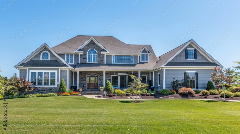 Obraz premium A beautiful suburban house with a well-maintained lawn and landscaping, showcasing modern architectural design.