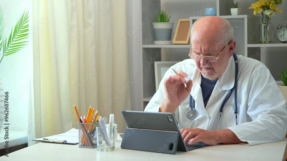 An elderly doctor in a white coat, at a table, talking on the phone and entering data about the patient's condition into a computer. Slow motion. An elderly doctor in a white coat, at a table, talking on the phone and entering data about the patient's condition into a computer. Slow motion.