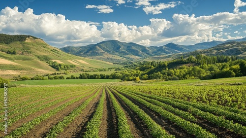 Lush Green Agricultural Fields with Mountains and Cloudy Sky in the Background