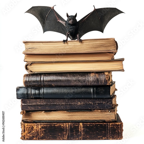 A stack of books with a bat perched on top, Halloween theme, dark and mysterious, isolated on white background