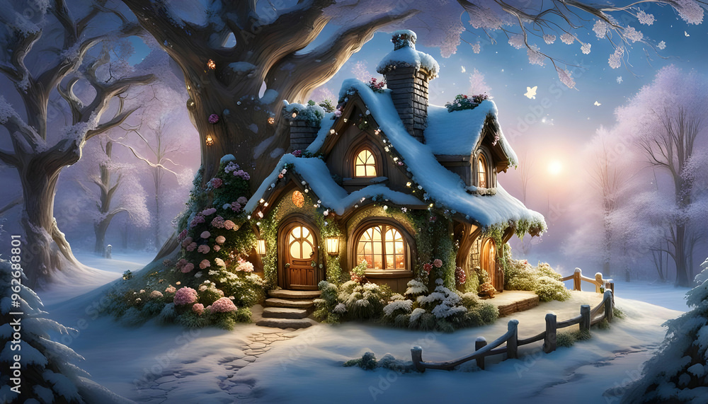 Fototapeta premium A fairy House made with magical material that glows in moonlight, the house changes with each season