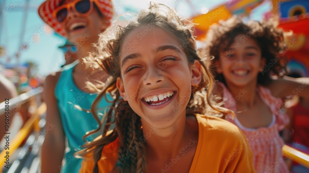 A vibrant scene of a group of friends or family enjoying a fun day at an amusement park or theme park, with a clean background and plenty of copy space for adventure content. A vibrant scene of a group of friends or family enjoying a fun day at an amusement park or theme park, with a clean background and plenty of copy space for adventure content.