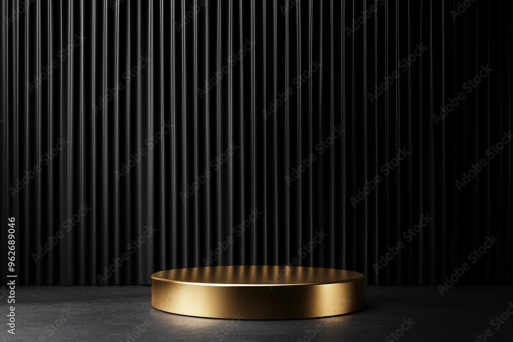 Gold podium set against a black curtain and background, highlighting a sleek Black Friday promotional display with generative ai Gold podium set against a black curtain and background, highlighting a sleek Black Friday promotional display with generative ai