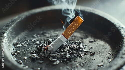 A dynamic wide-angle shot of a cigarette being extinguished in an ashtray photo