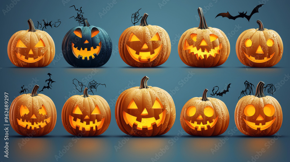A collection of jack-o'-lanterns with various expressions, ready for Halloween. A collection of jack-o'-lanterns with various expressions, ready for Halloween.