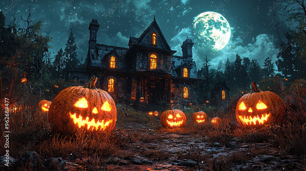 Jack-o'-lanterns glow in front of a spooky house. Jack-o'-lanterns glow in front of a spooky house.
