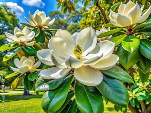 Captivating Image Of A Stately Sweetbay Magnolia Tree Blooming With Fragrant, Creamy-White Flowers Against A Lush Green Backdrop. photo