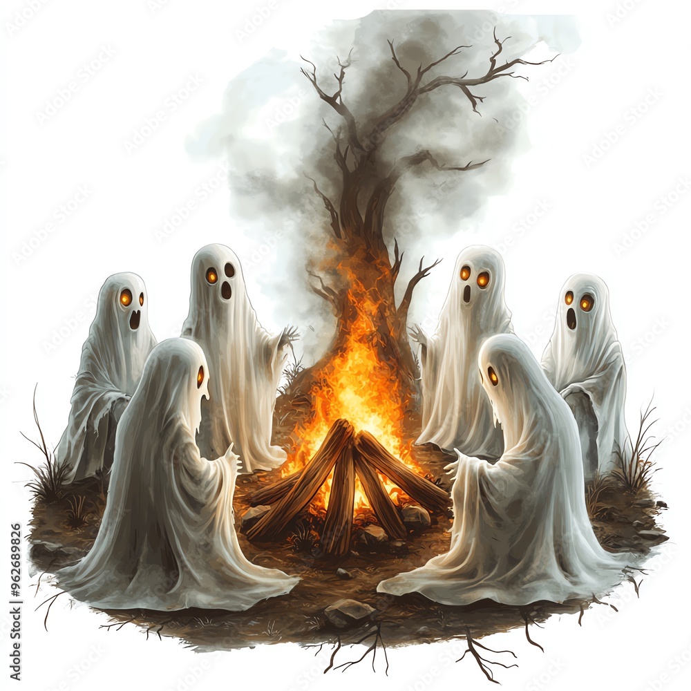 A group of ghosts around a campfire, Halloween theme, spooky camping outdoors, isolated on white background