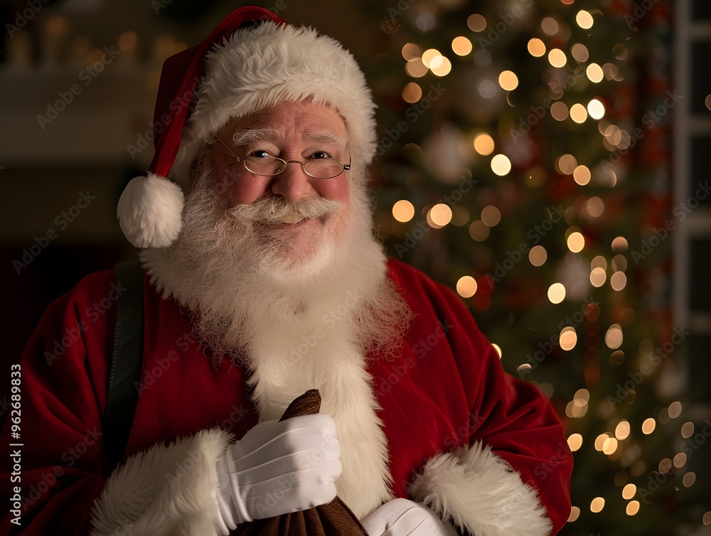 Santa Claus with a white beard and red suit, holding his bag Santa Claus with a white beard and red suit, holding his bag