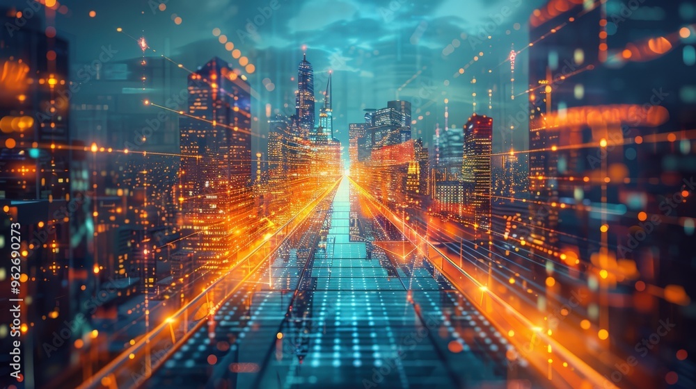 Obraz premium A vibrant image of advanced green technology, like solar panels or wind turbines, integrated into modern infrastructure, with a clean background for sustainable tech innovations.