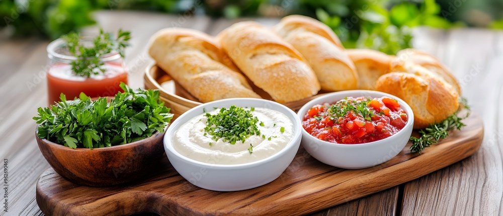 Closeup of artisan bread and homemade dips, presented on a natural wooden board., Closeup of artisan bread and homemade dips, presented on a natural wooden board.,