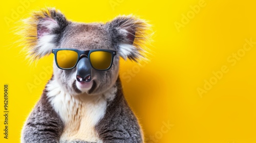 Fun and stylish illustration of a koala bear wearing black sunglasses, set against a bright yellow background. The playful and vibrant design is perfect for adding a trendy touch to any project.