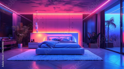 A futuristic scene of a smart bedroom with automated blinds, smart lighting, and a voice-controlled assistant, featuring clean background space for bedroom tech innovations.