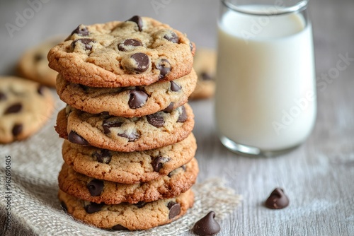 A stack of warm, gooey chocolate chip cookies with a glass of cold milk in the background