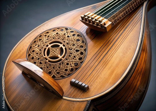 Close-Up Of An Elegant Arabic Fretless Stringed Instrument With A Pear-Shaped Body, Revealing Its Intricate Details And Traditional Craftsmanship. photo