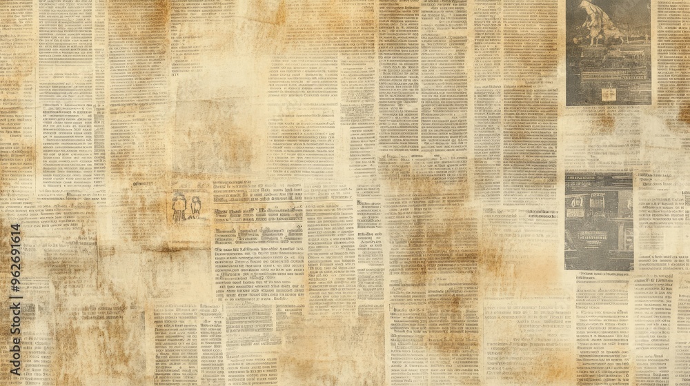 Fototapeta premium A vintage newspaper texture background with aged, weathered paper and faded text, perfect for retro design or artistic projects.