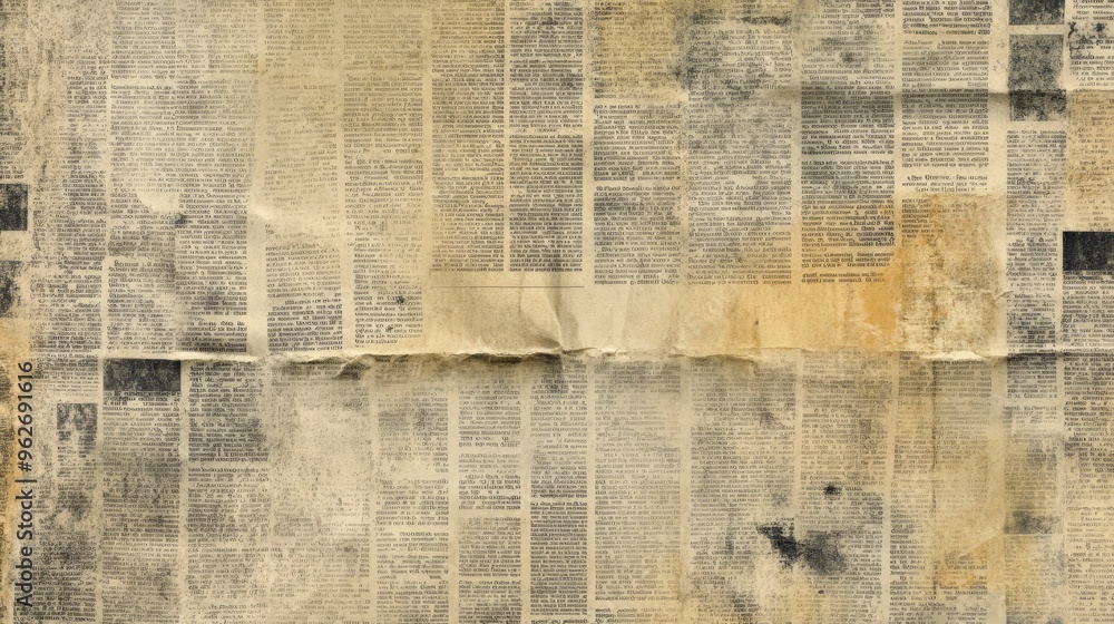 Fototapeta premium A vintage, grungy newspaper texture with worn, aged paper. Ideal for backgrounds, scrapbooking, or design projects requiring an antique look.