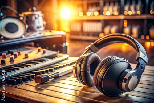 Close-Up Of Headphones Resting Beside An Array Of Musical Equipment Symbolizing Commercial-Free Music Solutions. photo