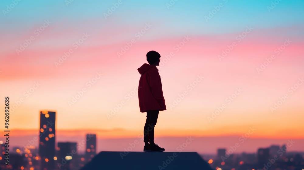 A person standing on a rooftop, looking out at the city skyline, feeling connected to the world through technology. A person standing on a rooftop, looking out at the city skyline, feeling connected to the world through technology.