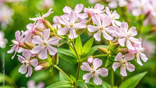 Close-Up Of Soapwort Herb With Delicate Pink Flowers And Fresh Green Leaves, Known For Its Natural Cleansing Properties.