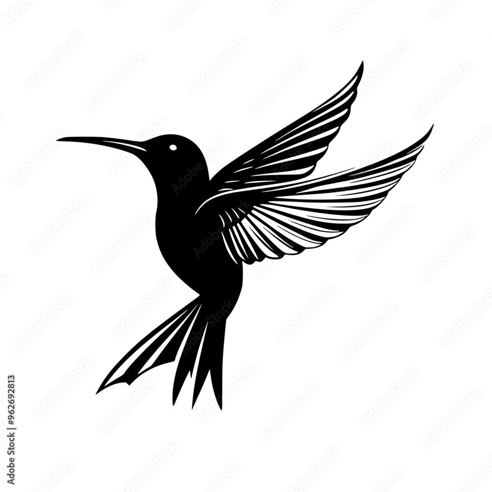 Obraz premium Hummingbird silhouette in mid-flight, Graceful black-and-white silhouette of a hummingbird in mid-flight, perfect for nature logos, wildlife designs, and branding. 