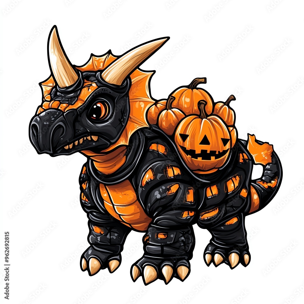 Fototapeta premium A triceratops with pumpkin armor, Halloween theme, orange and black colors, isolated on white background