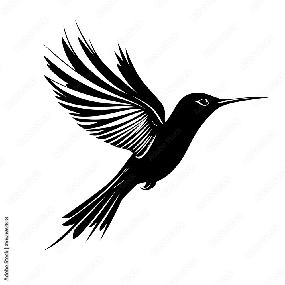 Fototapeta premium Hummingbird silhouette in mid-flight, Graceful black-and-white silhouette of a hummingbird in mid-flight, perfect for nature logos, wildlife designs, and branding. 