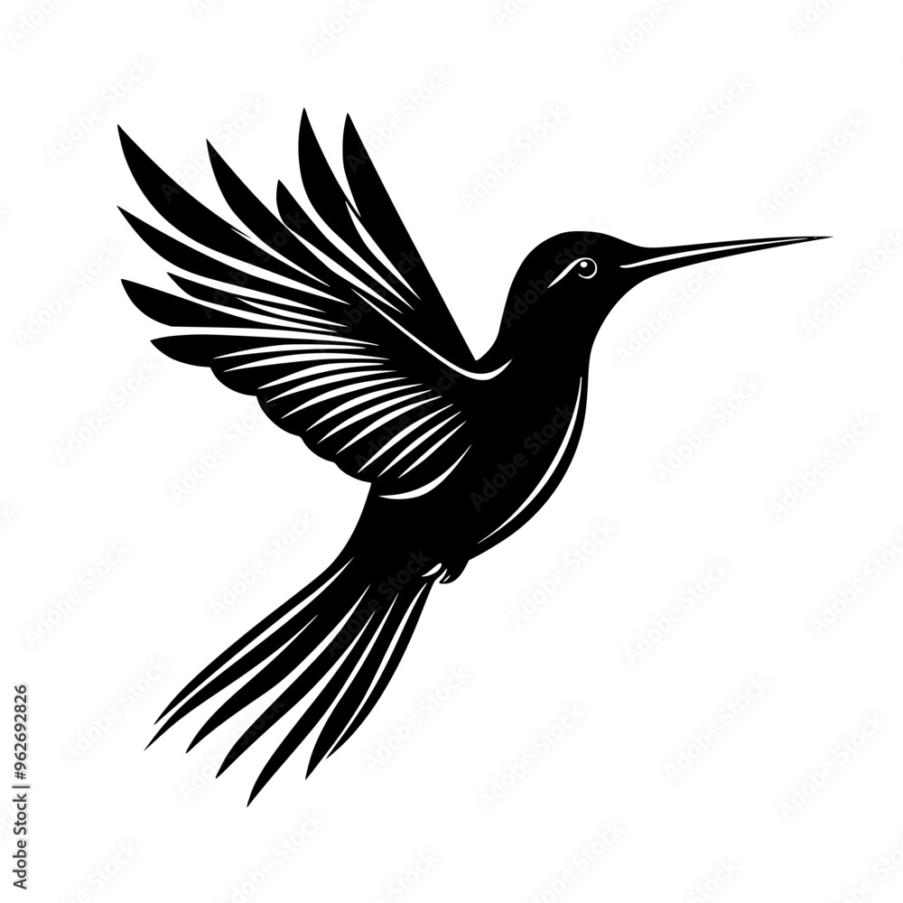 Obraz premium Hummingbird silhouette in mid-flight, Graceful black-and-white silhouette of a hummingbird in mid-flight, perfect for nature logos, wildlife designs, and branding. 