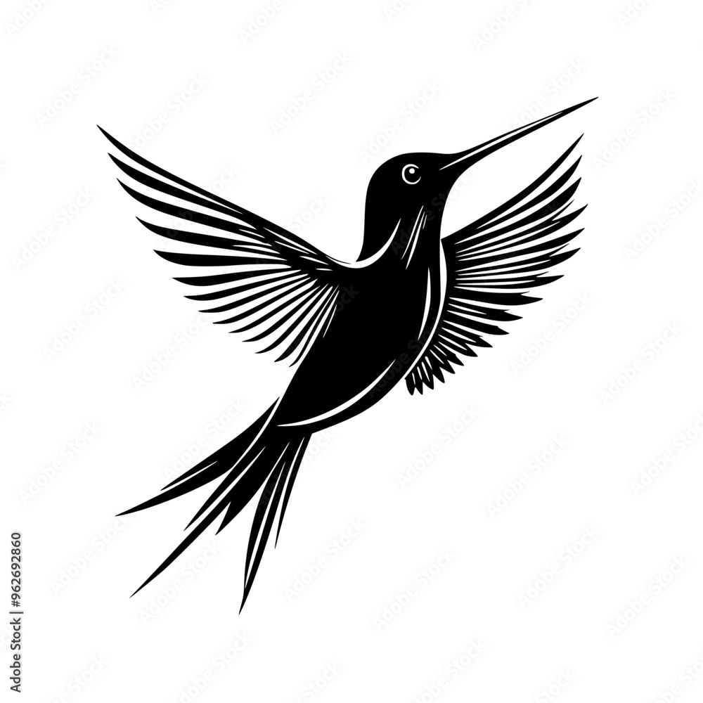 Fototapeta premium Hummingbird silhouette in mid-flight, Graceful black-and-white silhouette of a hummingbird in mid-flight, perfect for nature logos, wildlife designs, and branding. 