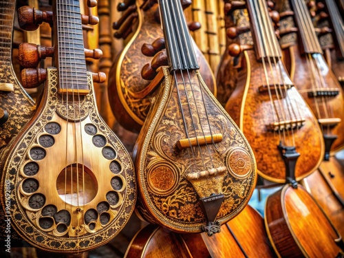 Close-Up Of Stringed Musical Instruments With Intricate Carvings And A Variety Of Shapes And Sizes. photo