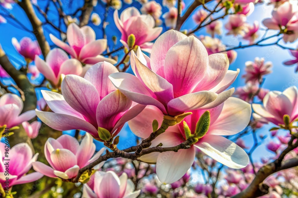 Close-Up Photograph Of A Blooming Magnolia Tree Revealing Several Large, Colorful Flowers With Prominent Petals And Delicate Stamens. Close-Up Photograph Of A Blooming Magnolia Tree Revealing Several Large, Colorful Flowers With Prominent Petals And Delicate Stamens.