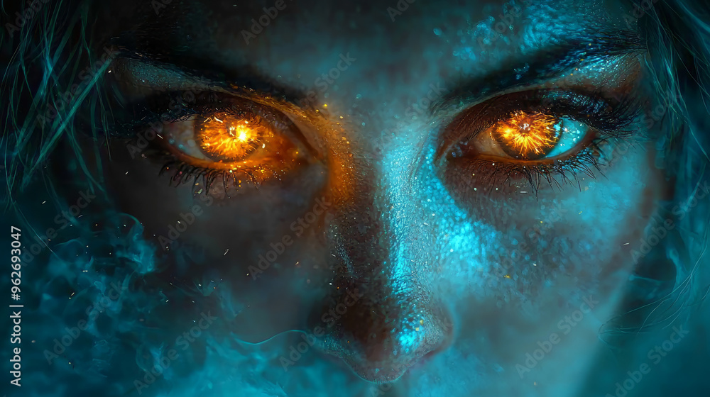 A close-up of a woman's eyes with a fire-like effect. A close-up of a woman's eyes with a fire-like effect.
