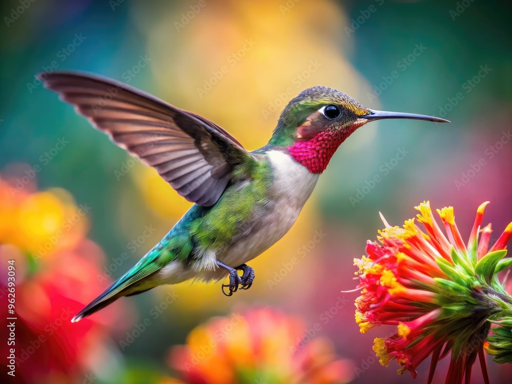 Close-Up Photograph Of A Hummingbird Hovering Near A Flower, With Vibrant Colors And Sharp Details Against A Blurred Background. Close-Up Photograph Of A Hummingbird Hovering Near A Flower, With Vibrant Colors And Sharp Details Against A Blurred Background.