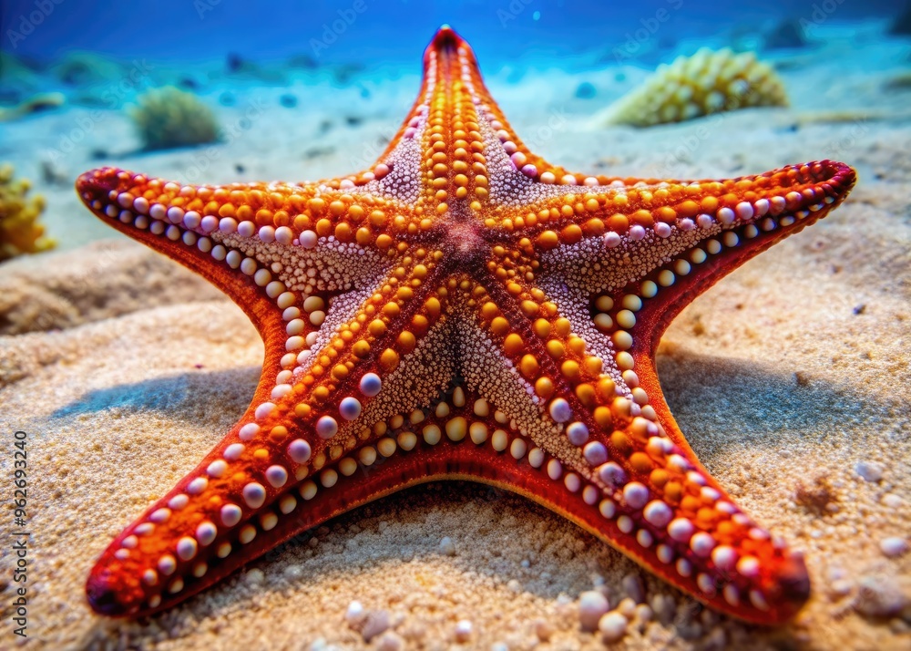 Close-Up Photograph Of A Vibrant African Starfish With Intricate Patterns On A Sandy Ocean Floor Close-Up Photograph Of A Vibrant African Starfish With Intricate Patterns On A Sandy Ocean Floor
