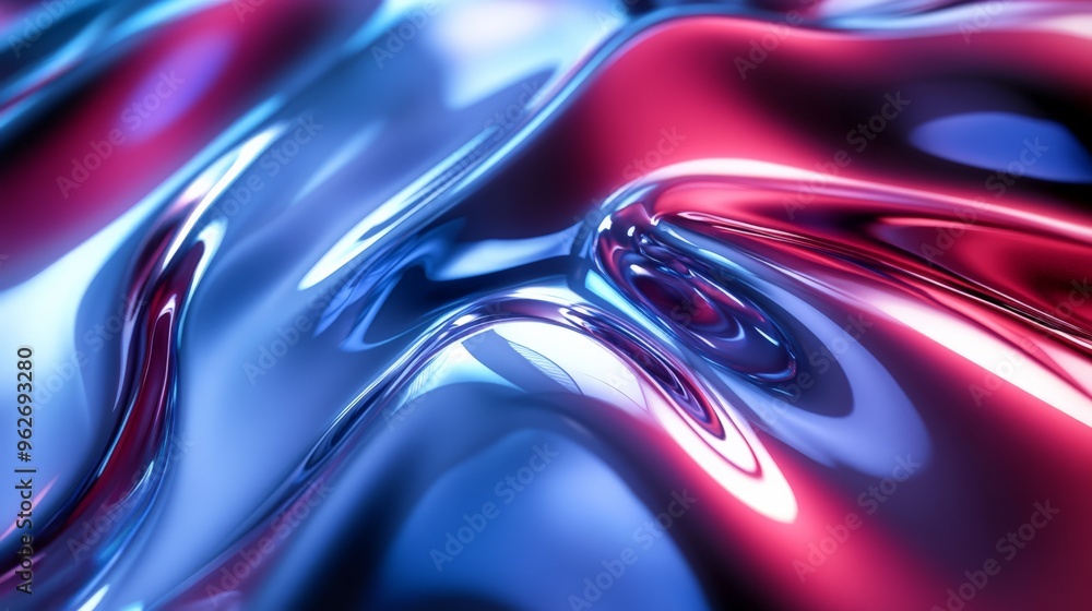 Obraz premium Abstract fluid art with smooth metallic texture in vibrant red and blue colors, creating a futuristic and sleek appearance.