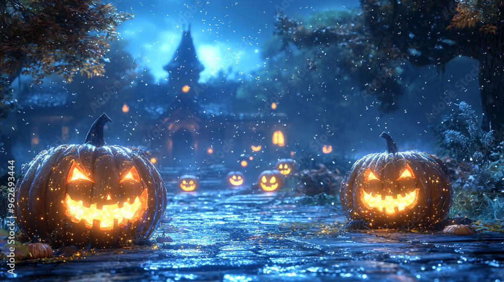 Fototapeta premium Jack-o'-lanterns glow on a cobblestone path, leading to a mysterious house.