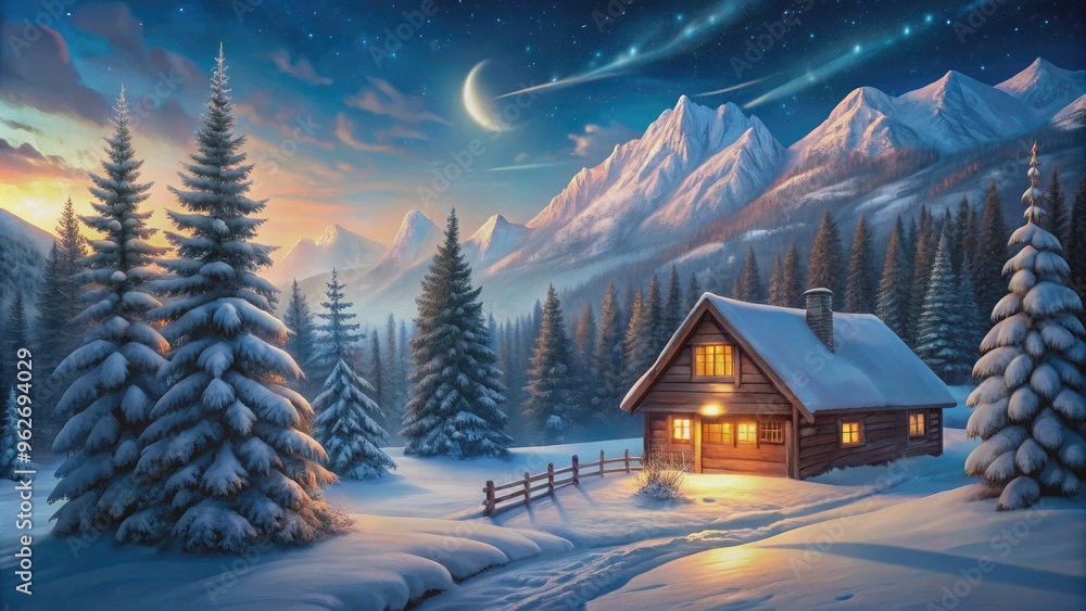 Fototapeta premium Winter night mountain valley with wooden cottage and firs in watercolor , winter, landscape, snowy night, mountain