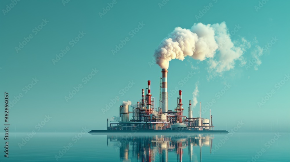 Large industrial refinery isolated on an island, emitting thick smoke from numerous chimneys against a tranquil blue sky. The calm water surrounding the island reflects the industrial structures Large industrial refinery isolated on an island, emitting thick smoke from numerous chimneys against a tranquil blue sky. The calm water surrounding the island reflects the industrial structures