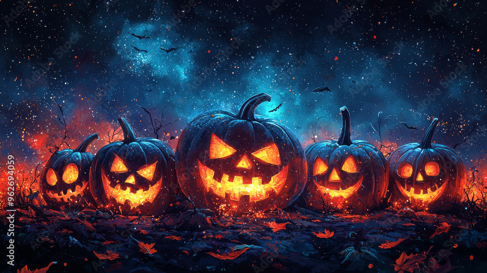 Five carved pumpkins glow in the dark, surrounded by a starry sky.