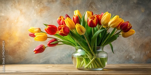 Vibrant red and yellow tulips arranged in a delicate, clear glass vase, set against a soft, creamy background, exuding warmth and elegance in a still life composition. photo