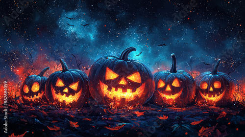 Obraz na płótnie Five carved pumpkins glow in the dark, surrounded by a starry sky. w salonie