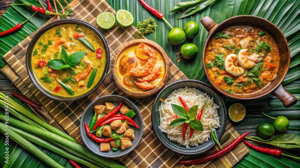 Colorful and steaming hot plates of Pad Thai, Tom Yum soup, and Green Curry, garnished with fresh herbs and chilies, on a traditional Thai tablecloth. Colorful and steaming hot plates of Pad Thai, Tom Yum soup, and Green Curry, garnished with fresh herbs and chilies, on a traditional Thai tablecloth.
