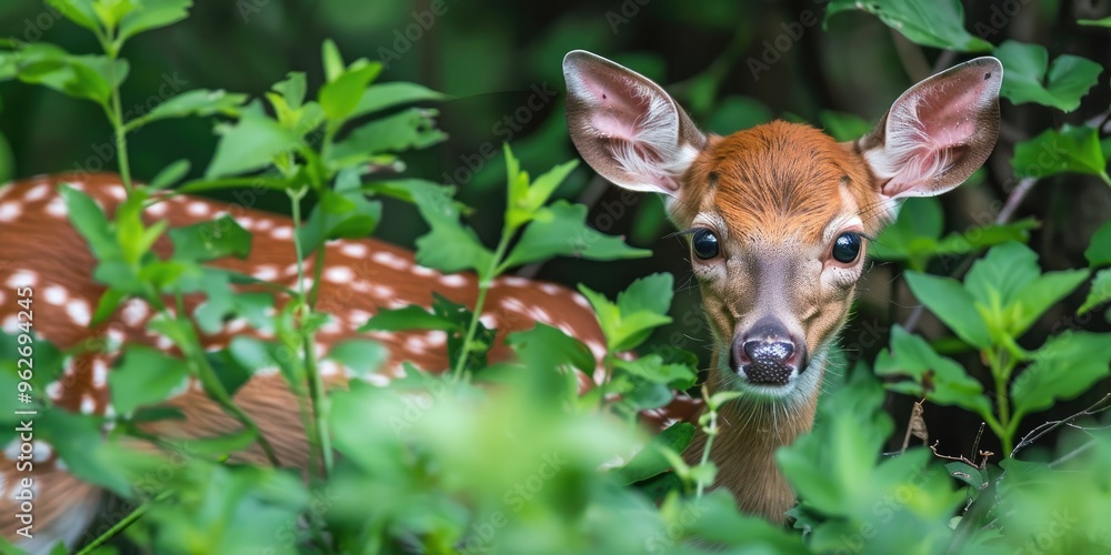 Little white-tailed deer fawn hidden among the greenery. Little white-tailed deer fawn hidden among the greenery.