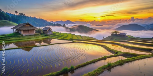 Peaceful dawn over rice terraces with misty valleys, small huts, and vivid colors reflected in water , sunrise