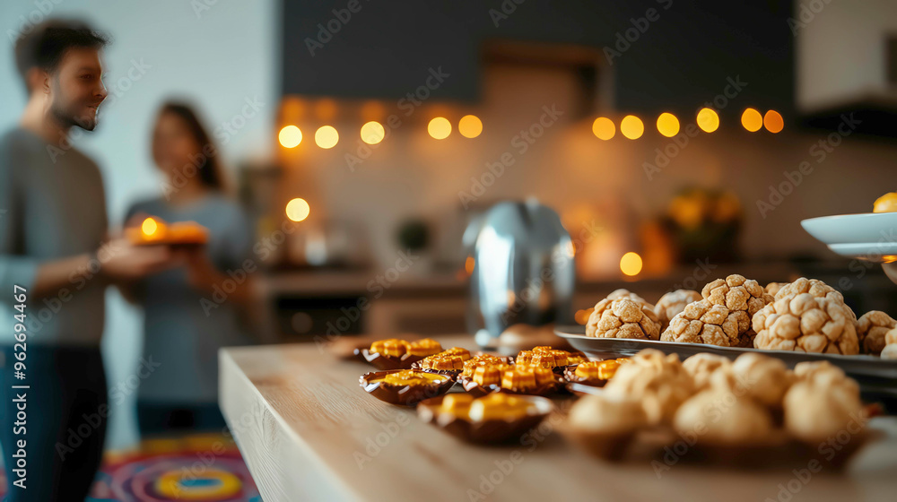 Fototapeta premium A family gathered around a table filled with traditional Diwali sweets, vibrant rangoli patterns and festive lights in the background, Diwali celebration, family and food