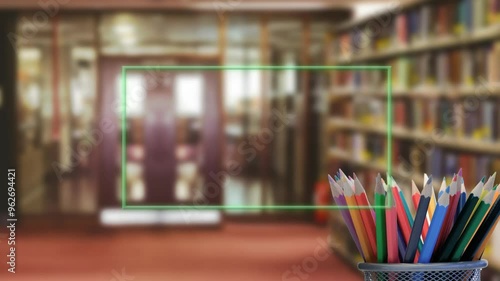 Green rectangular frame animating over blurred library background with colored pencils