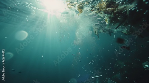 Underwater scene illuminated by rays of sunlight breaking through the water surface, highlighting the floating debris and particles. The serene yet somber atmosphere reflects the beauty and fragility