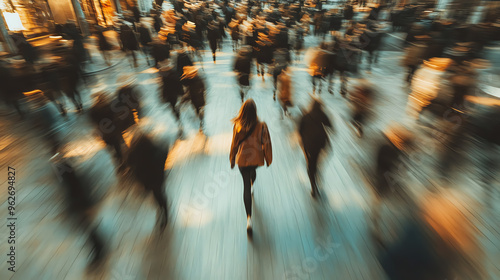 A lone woman walks through a bustling crowd, with motion blur creating a sense of movement and anonymity.