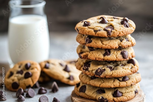 Wallpaper Mural A stack of warm, gooey chocolate chip cookies with a glass of cold milk in the background Torontodigital.ca