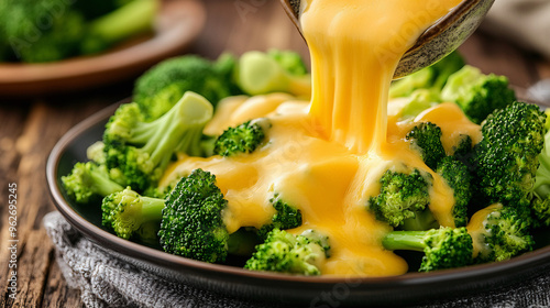 Pouring Cheddar Cheese On A Plate Of Broccoli
